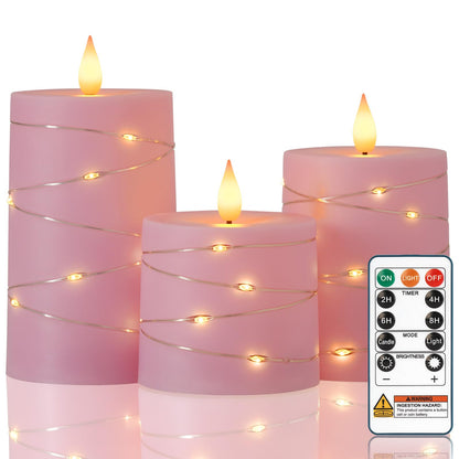 Raycare Easter Pink Flameless Candles with Remote Timer, Flickering Battery Operated LED Pillar Fake Candle with String Lights for Home Decor, Christmas, Wedding and Gift, Set of 3