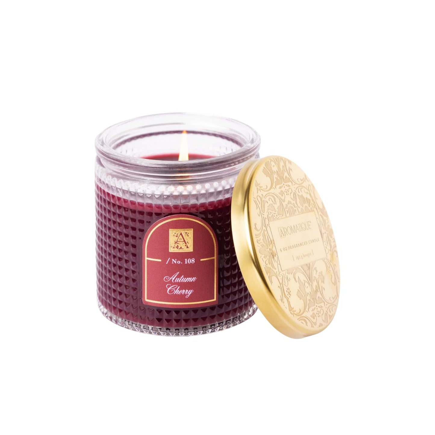 Aromatique Autumn Cherry Textured Glass Jar Candle Aromatherapy Home Fragrance Decor Long Lasting 40 Hr Burn Notes of Cherry, Apple, Cinnamon, Vanilla, Musk, Amber Luxury Office Home Gifts 6oz