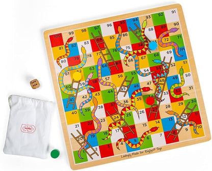 Bigjigs Toys Traditional Snakes and Ladders Game | 4 Player Wooden Board with Counters &amp Dice | Family Toy for Kids &amp Adults | Educational Tool for 3+ Year Old Children | Classic