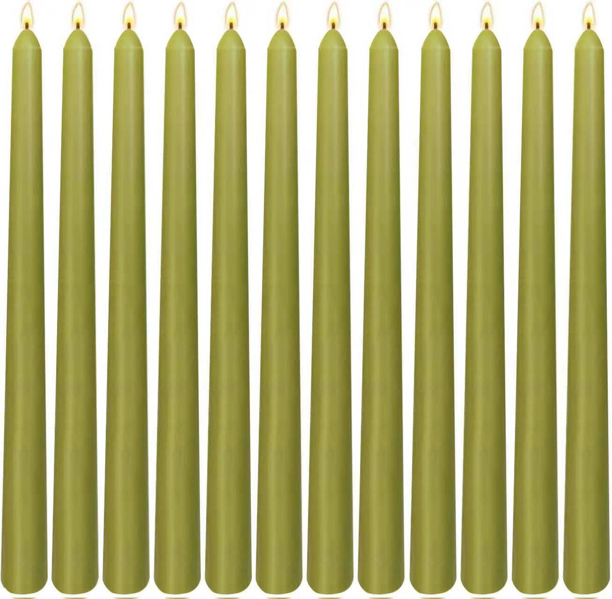 12-Pack Olive Green Taper Candles, 10 Inch Unscented Dripless Candlesticks, Long-Lasting Burn Time of 7-8 Hours, Perfect for Christmas Home Décor Spring and St. Patrick's Day