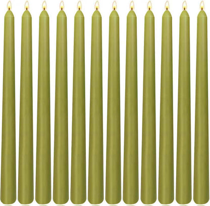 12-Pack Olive Green Taper Candles, 10 Inch Unscented Dripless Candlesticks, Long-Lasting Burn Time of 7-8 Hours, Perfect for Christmas Home Décor Spring and St. Patrick's Day