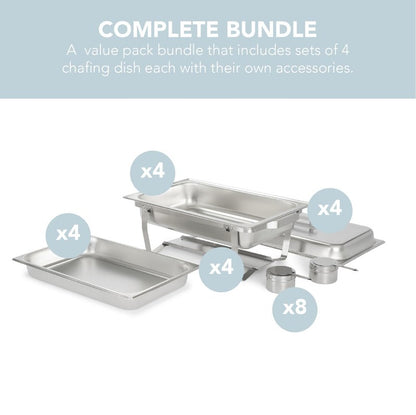 Alpha Living 4 Pack Chafing Dish Full Set – Stainless Steel Catering Chafer with Lids, Pans & Fuel Holders – Buffet Food Warmers for Parties, Events & Weddings – Alpine Gray Handles