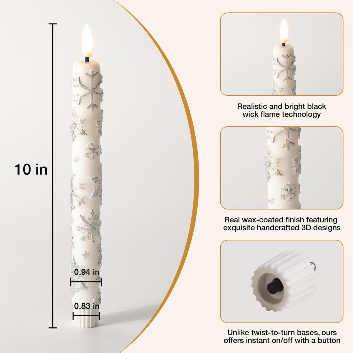Eywamage White Snowflakes Christmas Flameless Taper Candles with Remote, Flickering LED Wax Candlesticks Set of 4