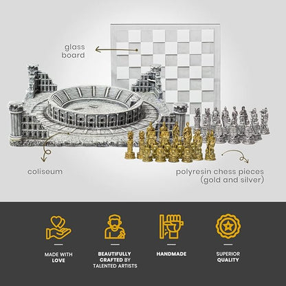 BB Brother Brother Ancient Roman Gladiators 3D Chess Board Game Set Glass Board Handmade Gold and Silver Polyresin Chess Pieces for 2 Players