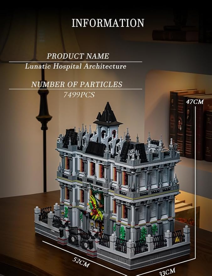 Lunatic Asylum City Modular Building Bricks Set with LEDMOC Street View Architecture 3 Levels Insane Asylum Hospital Modular Buildings Construction Sets Ideas Gifts for Adults(7537 Pcs)