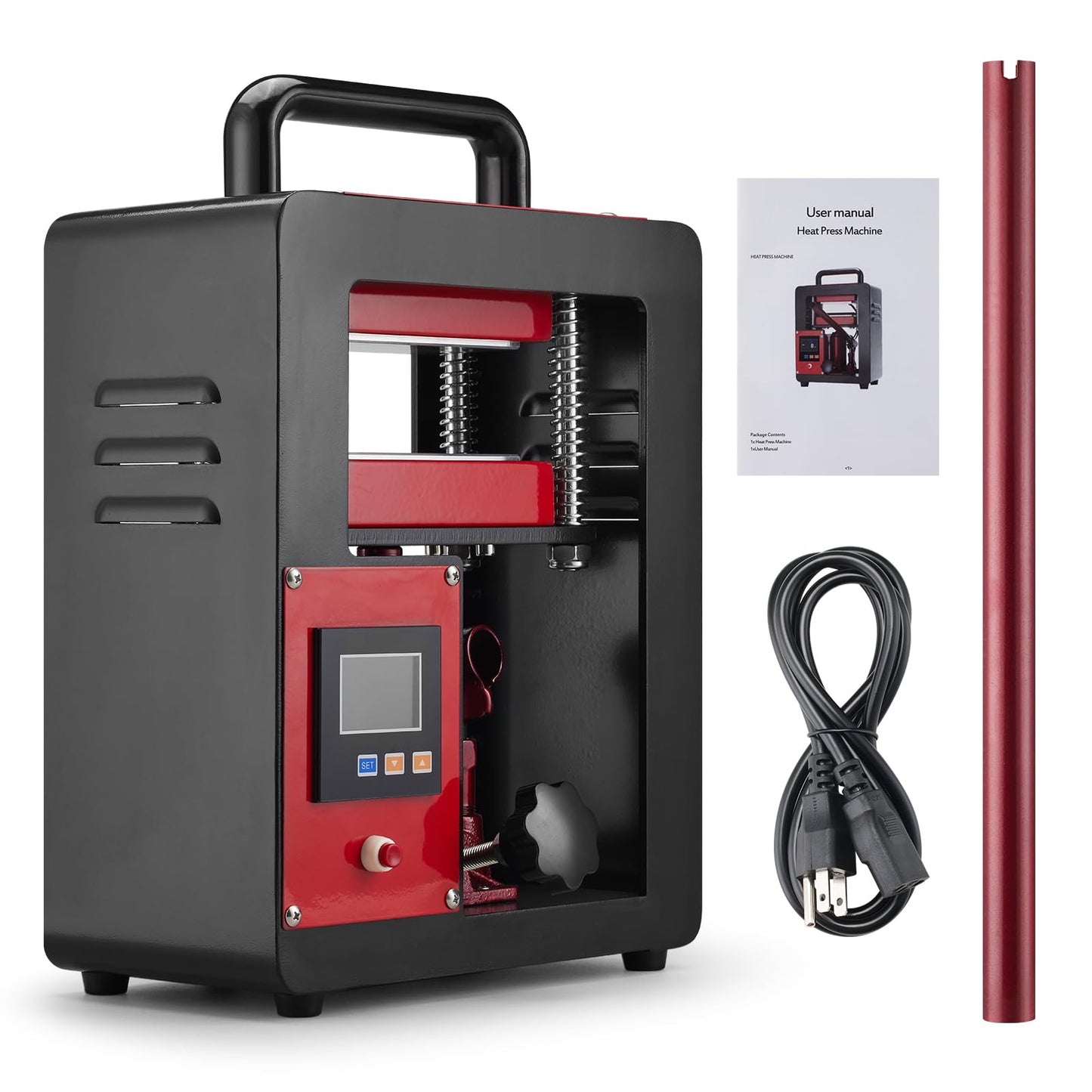 D9A91 5 Ton Portable Hydraulic Heat Press Machine 2.3 x 4.7 Inch Dual Heating Plate, red/black