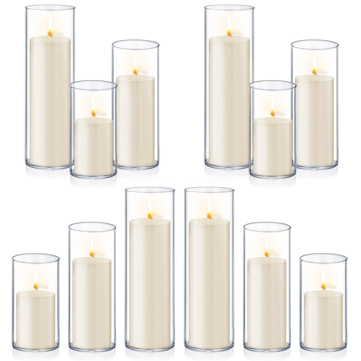 24 PCS Ivory White Pillar Candles with Glass Candle Holders Clear Hurricane Candle Holders Glass Cylinder Vases for Centerpieces Wedding Party, Event, Home Office (12 Candles+12 Candle Hoders)