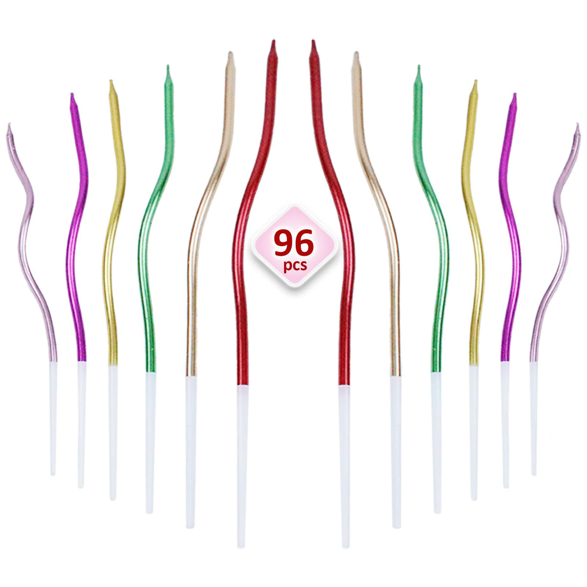 96PCS Metallic Colorful Twisted Birthday Candles - Spiral Long Thin Curly Coil Cake Candles with Holders for Birthday Wedding Party