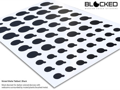 BLOCKED Webcam/Camera Vinyl Covers | Low-Tack Restickable Webcam Sticker | Multiple Sizes | Black 57-Pack Tabbed (Muted Matte)