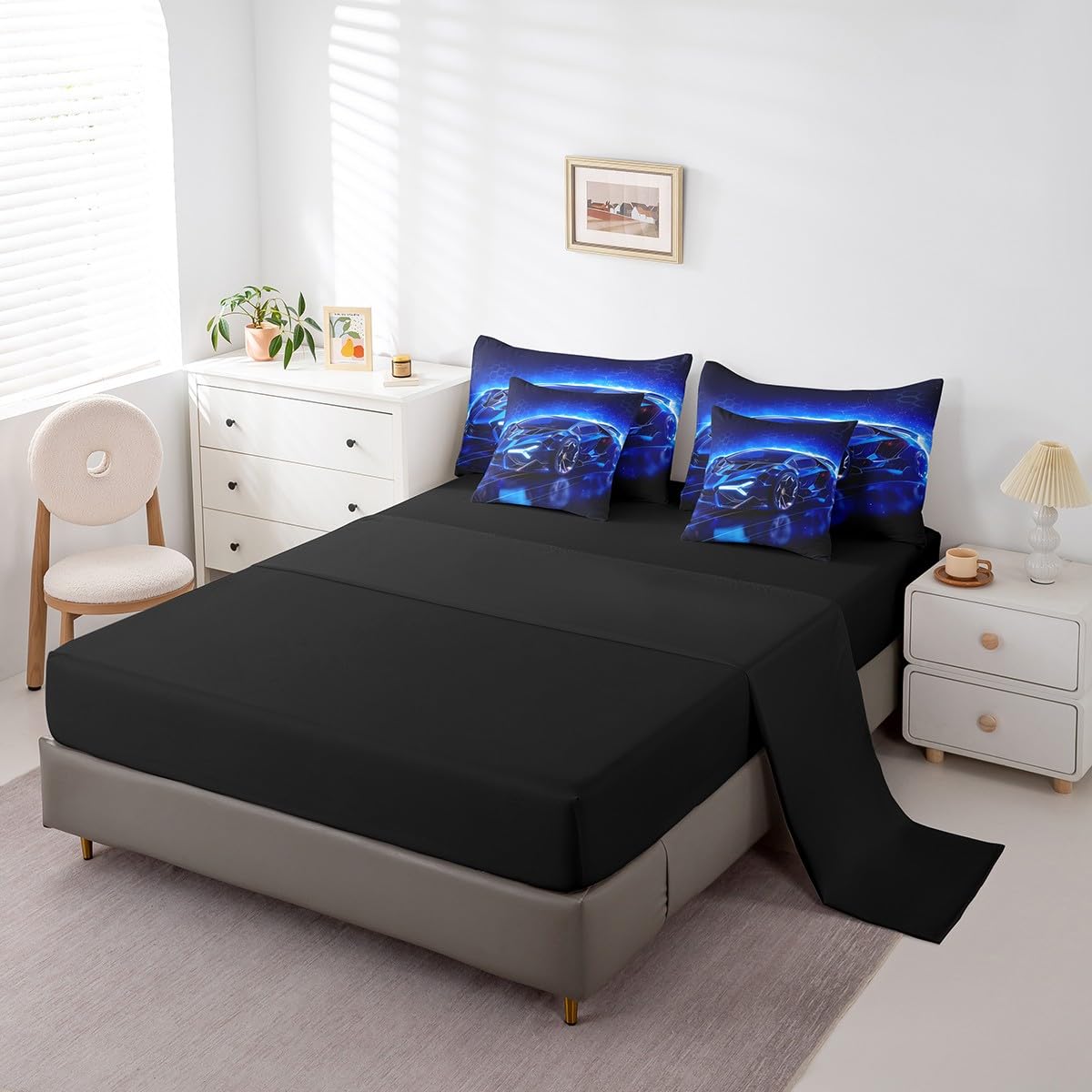Feelyou Kids Boys Sports Car 7 Piece Bedding Set Full Size Blue Race Car Comforter Set with Sheets for Kids Teens Boys Girls Extreme Sports Theme Bed in a Bag Speed Luxury Car Bed Set