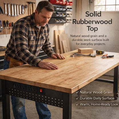 VUWIF 48" Workbench with Casters, Adjustable Height Workbench with Rubberwood Top, Built-in Power Strip with 4 AC Outlets and 2 USB Ports, 2000 LBS Capacity for Garage, Workshop, and Home