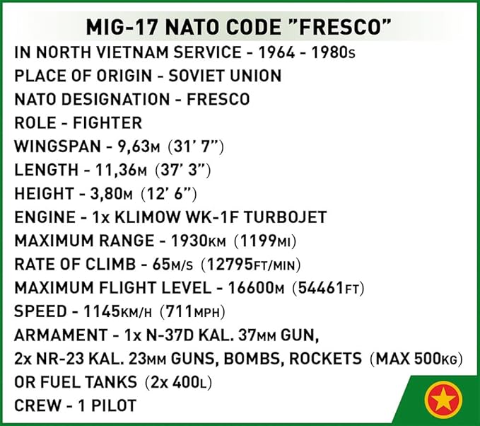 COBI Historical Collection Vietnam War MIG-17 NATO Code Fresco Building Set 577 Pieces