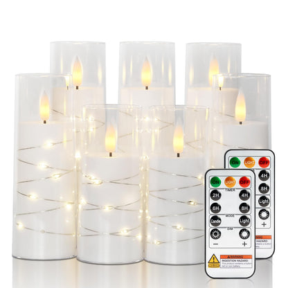 Raycare Flameless Candle with Remote Timer 7 Flickering Acrylic Battery Operated LED Pillar Candles with Embedded Star String for Christmas, Wedding, Home Table Decor, and as a Gift(White)