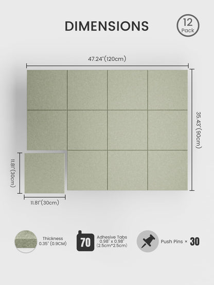 Bumusty Large Cork Board 48" x 36" Alternative - 12 Pack Felt Wall Tiles with 70 Safe Removable Adhesive Tabs, 30 Pushpins, Cork Boards for Walls Pin Board Bulletin Board Office Decor (Sage)