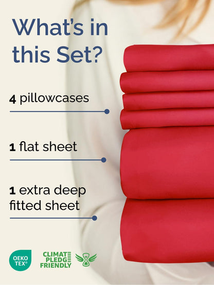 Skiennix Extra Deep King Sheet Set - 6 Piece Breathable Cooling Bedding - Soft, Wrinkle-Free Red Sheets