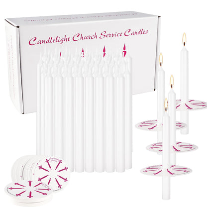 50 Pieces 5-Inch White Unscented Taper Candles with Drip Protectors for Church, Prayer, Shabbat, and Vigil Use