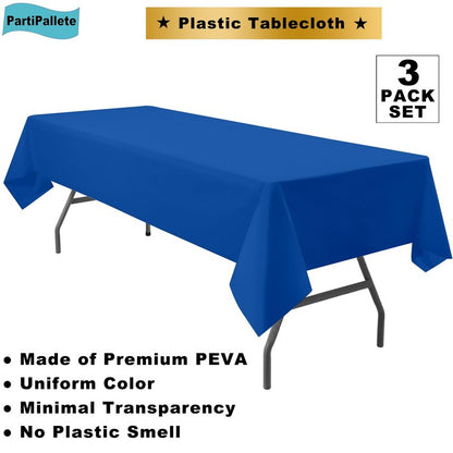 PartiPallete 3-Pack Premium Plastic Dark Royal Blue Tablecloth Disposable 54" x 108" Rectangle Table Cover PEVA Party Sapphire Ocean Blue Table Cloths for Parties Birthday Wedding Picnic Banquet
