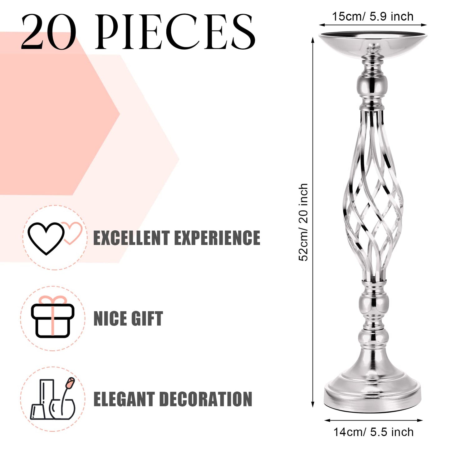 Rtteri 20 Pcs Metal Flower Arrangement Stand Wedding Flower Centerpieces Stand Elegant Metal Vase Candelabra Candle Holder for Wedding Reception Table Decor Party Hotel Home Decor (Silver,Medium)