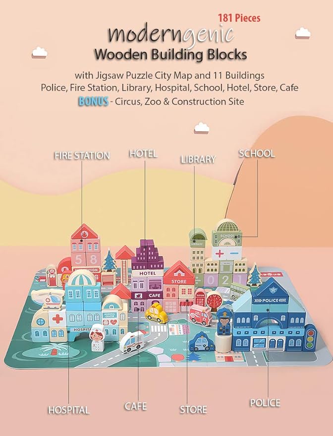 181pcs 'Streetscape' Wooden Building Block Set for Toddlers Jigsaw Puzzle City Map 11 Buildings (3 Extra Bonus: Circus Zoo &amp Construction Site) Preschool Learning Educational Toys