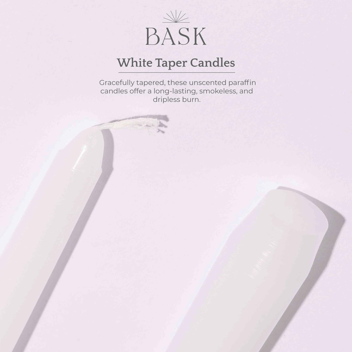Bask 10-inch Taper Candles - Unscented and Dripless - Burns for 8 Hours - Home Decor for Dinner Table, Kitchen, and Bedroom - Perfect for a Romantic Date or Anniversary - 12-Pack - White