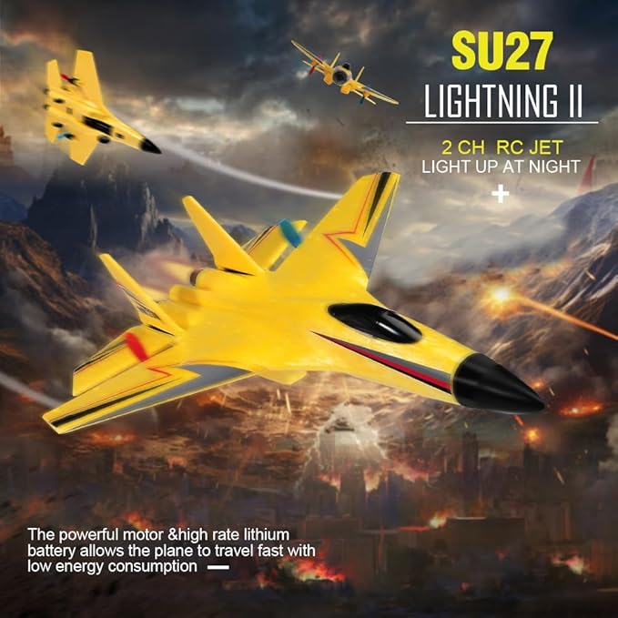 SU-27 RC Airplane2.4GHz 2 Channel Remote Control Plane with Gyro Night Lights and 2 Batteries Easy to Fly for Adults Beginners and Kids Yellow Toy