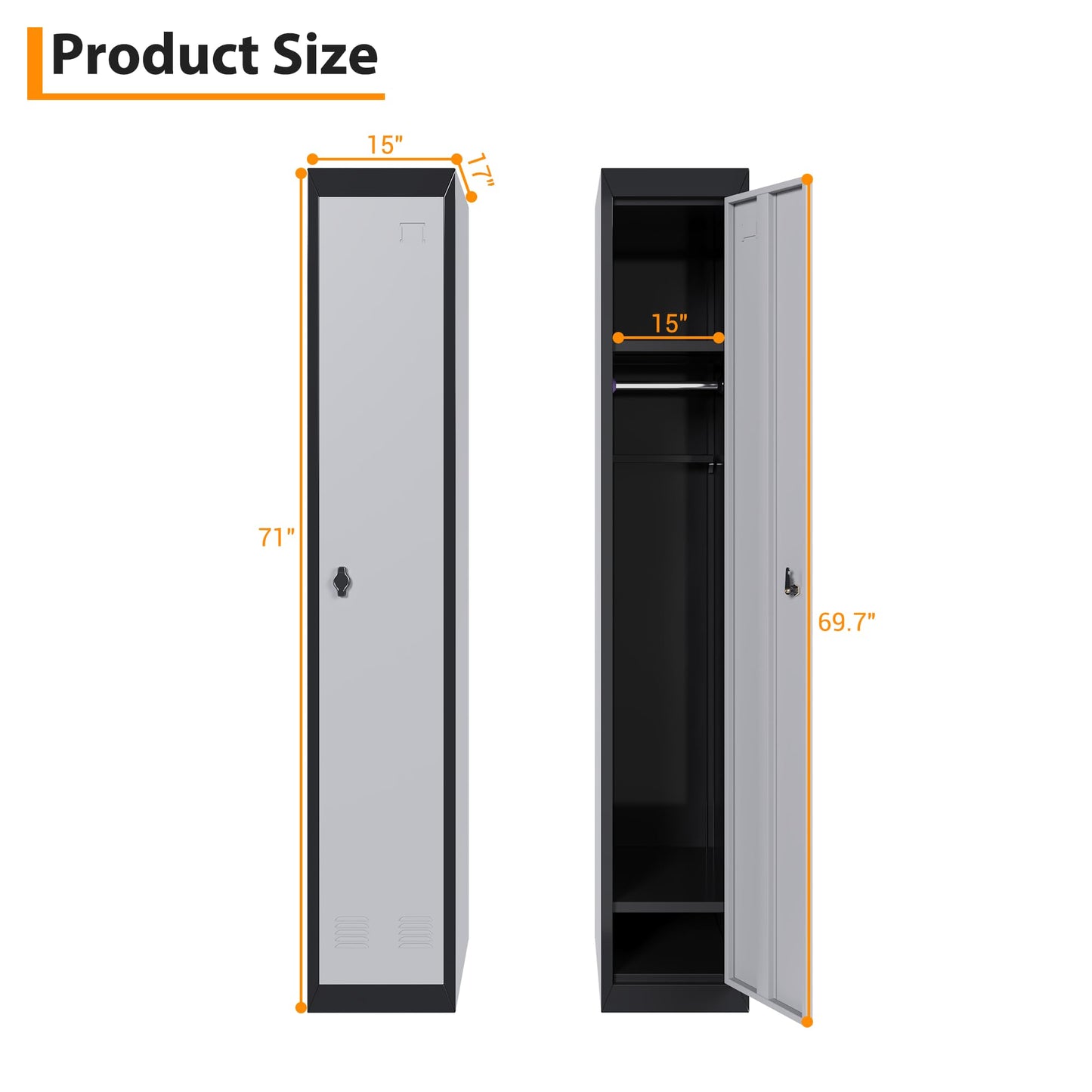 Metal Storage Locker, Single-Door Metal Storage Locker with Shelves, Ideal for Employees and Students, Suitable for Schools, Offices, Gyms, Homes, and More; Easy Assembly, Grey & Black