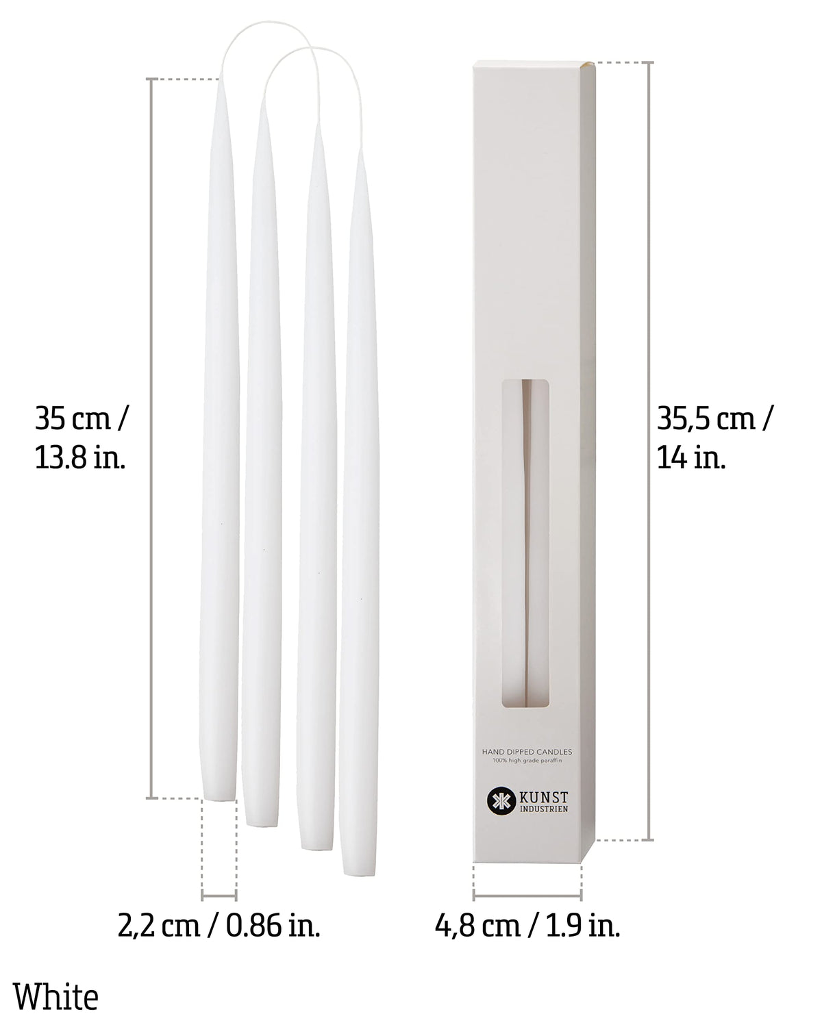 Kunstindustrien® White Taper Candles – Set of 4, 13.8" – Made in Denmark, Long Burning Candles 15h, Unscented & Smokeless Candlesticks – Elegant Tall Candles for Weddings, Dinners & Home Decor (White)