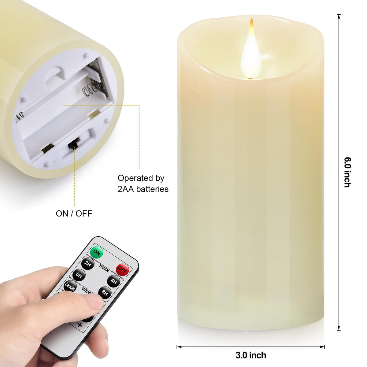 Tappovaly Flameless Flickering Battery Operated Candles 2pack Real Wax Pillar LED Candles with 10-Key Remote Control and 24 Hours Timer for Wedding, Party, Home Decoration (Ivory)