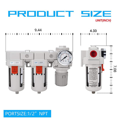 NANPU 1/2" NPT Air Drying System - Double Air Filters, Air Pressure Regulator Combo - Semi-Auto Drain, Poly Bowl