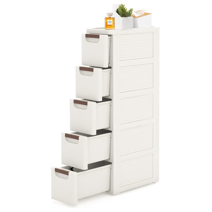 5 Drawers Slim Bathroom Storage Cabinet Dresser, Narrow Plastic Rolling Cart Organizer with Drawers, for Small Spaces, Kitchen, Laundry, Office, Bedroom, White