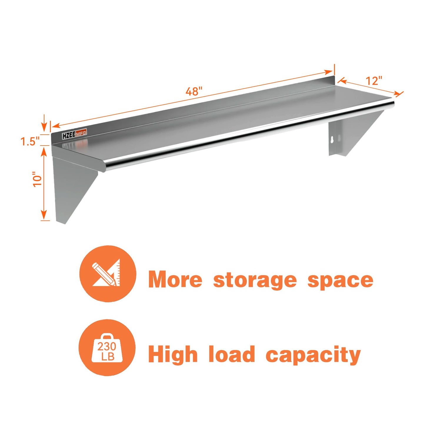 HZEEMFG 2-Pack Stainless Steel Wall Shelf 12x48 Inches- Heavy Duty Commercial Metal Floating Shelving with Backsplash for Restaurant Kitchen, Garage, Laundry, NSF Certified