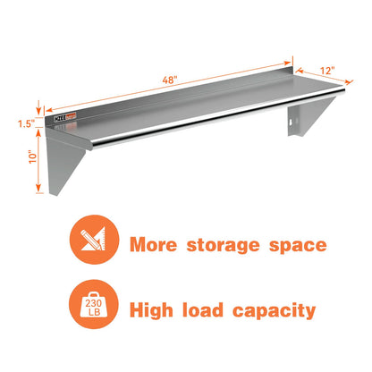 HZEEMFG 2-Pack Stainless Steel Wall Shelf 12x48 Inches- Heavy Duty Commercial Metal Floating Shelving with Backsplash for Restaurant Kitchen, Garage, Laundry, NSF Certified