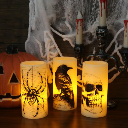 Lasumora Halloween Flameless Candles with 6H Timer, LED Pillar Candles mit Skull, Spider Web, Crow Raven Decals Set of 3, Battery Operated Real Wax Candles, Halloween Decor Horror Gothic Punk