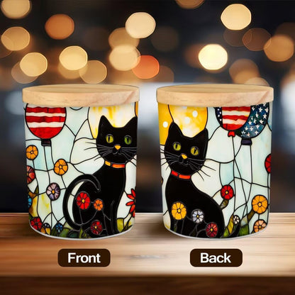 Stained Glass Black Cats Tea Light Candle Holders,Balloons Tealight Candle Holder Jar with Wooden Lid, Floral Votive Candlesticks for Table Centerpieces, Christmas,Birthday Party,Home Decor