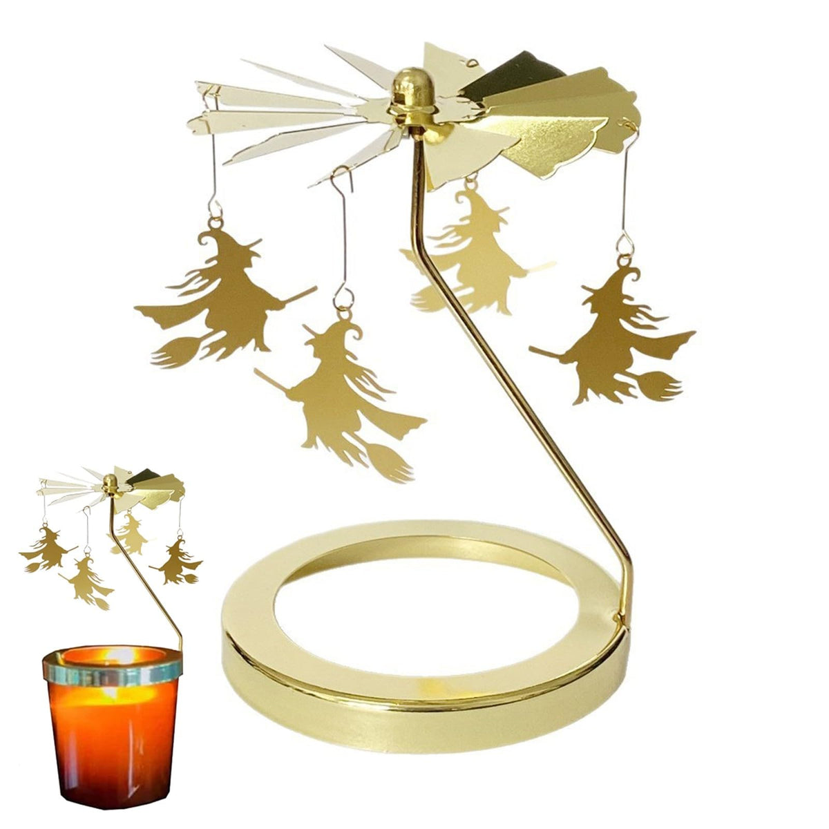Flying Witch Candle Carousel Topper, Halloween Witch Decor Rotating Candle Holder Topper Candlestick Tealight Rotating Shadow Holders for Home, Centerpiece, Candlestick Tealight Decor (Gold_6.3cm)