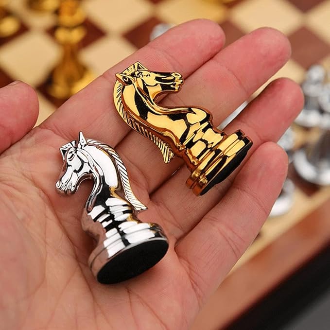 11Inch Large Deluxe Metal Chess Set - Portable Wooden Box with Alloy Pieces Folding Board Ideal for Adults