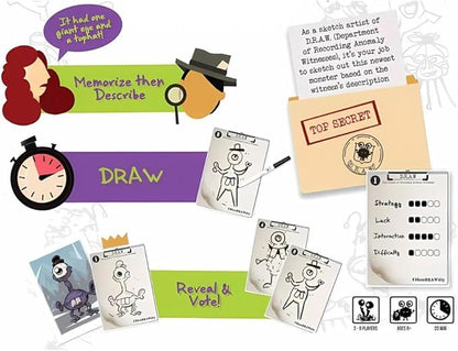 MonsDRAWsity Drawing Party Game Based on Verbal Description Take Turns Describing &amp Drawing a Bizarre Monster - Be The Player Whose Drawing Most Closely Matches 8+ 3-8 Players