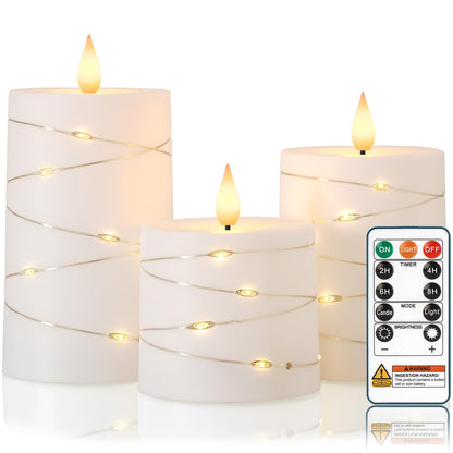 Raycare Flameless Candles with Remote Timer, Flickering Battery Operated LED Pillar Fake Candle with String Lights for Home Decor, Christmas, Wedding and Gift, White, Set of 3