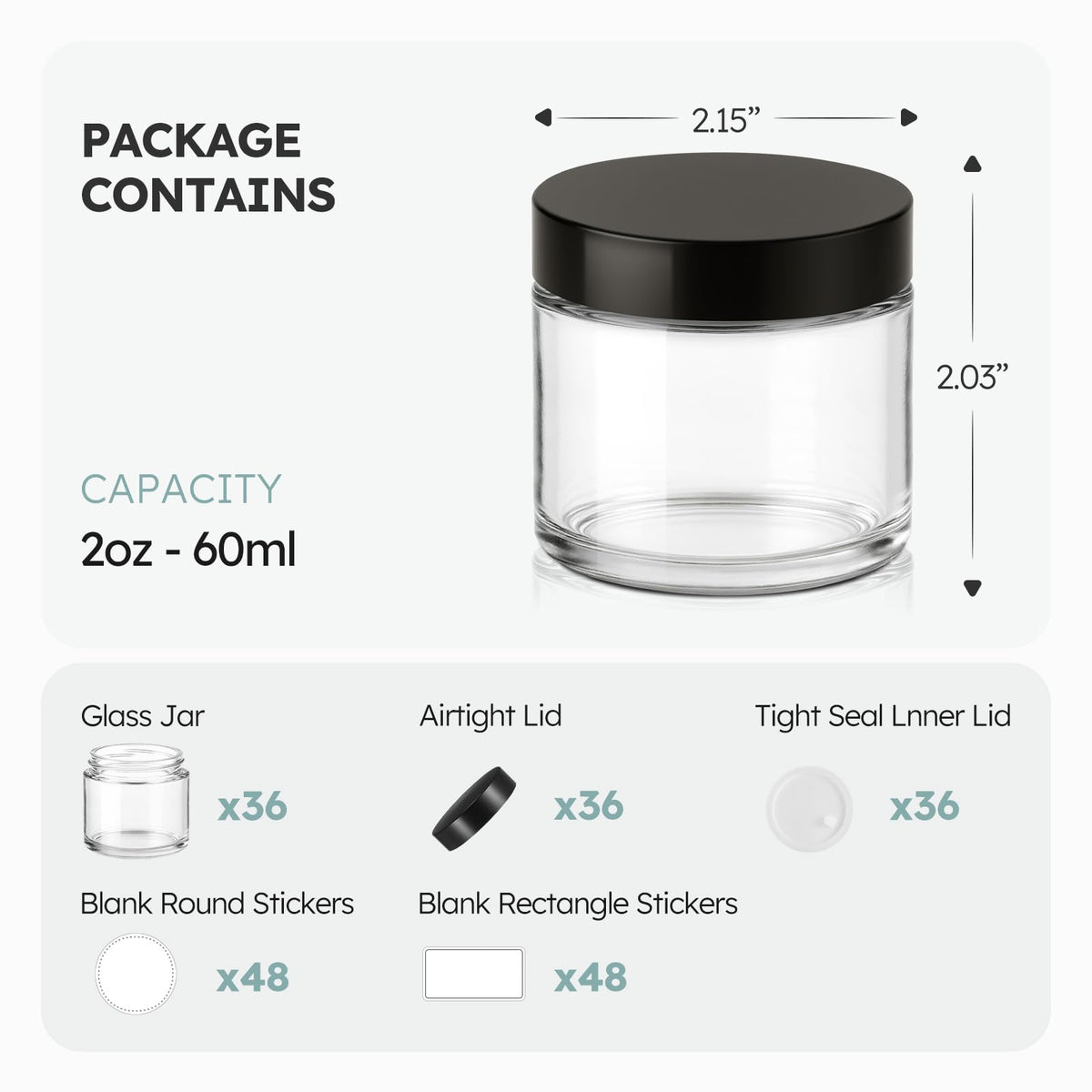 2 oz Glass Jars with Lids, 36 Pack Clear Small Glass Jars with Black Lids Leakproof Round Airtight Empty Cosmetic Travel Containers with Inner Liners For Lotions Powders and Candle Making