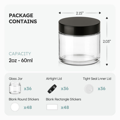 2 oz Glass Jars with Lids, 36 Pack Clear Small Glass Jars with Black Lids Leakproof Round Airtight Empty Cosmetic Travel Containers with Inner Liners For Lotions Powders and Candle Making