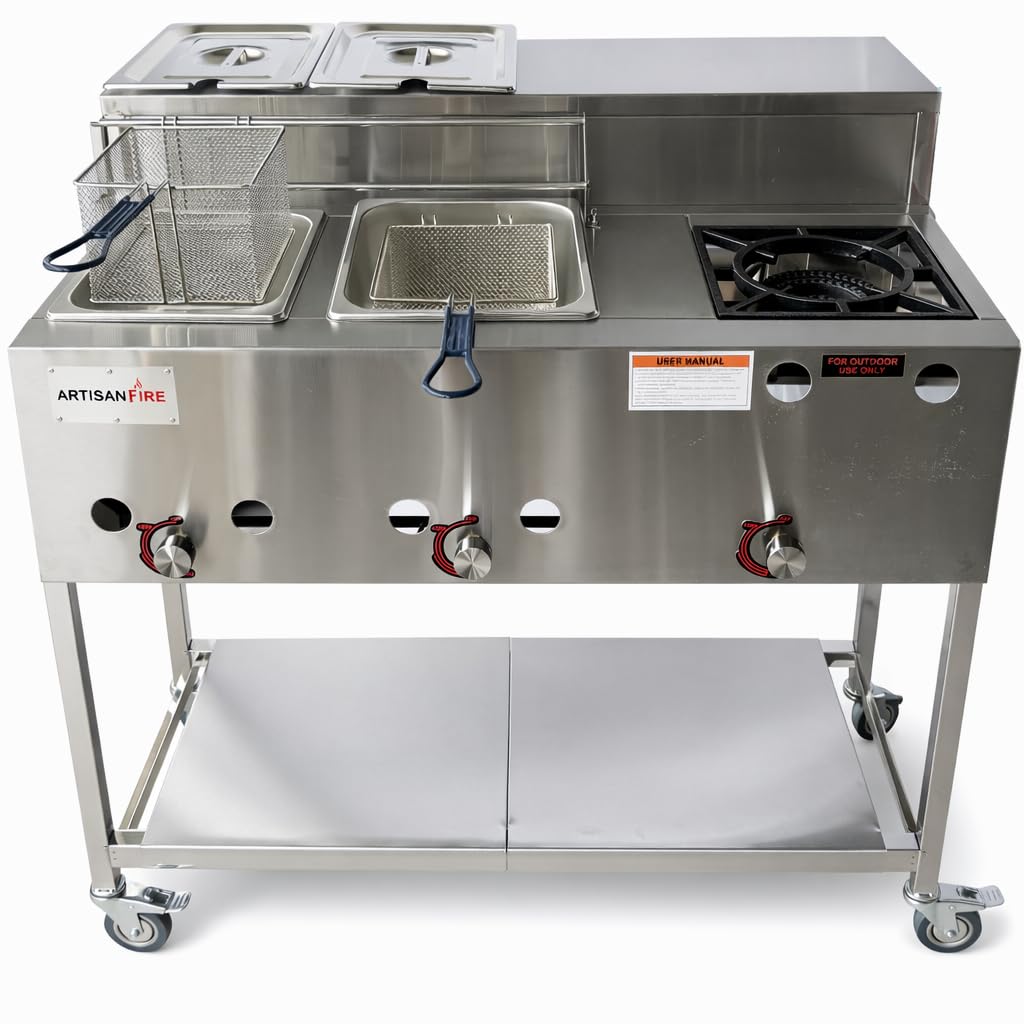 Stainless Steel Propane Deep Fryer Cart with Vortex Stove-3 in 1 with Food Steamers-Cast Iron Burner Stove-with Hose & Regulator + Thermometer-Ideal for Commercial and Home Use
