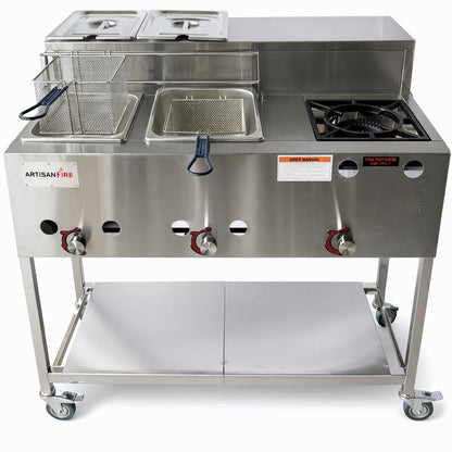 Stainless Steel Propane Deep Fryer Cart with Vortex Stove-3 in 1 with Food Steamers-Cast Iron Burner Stove-with Hose & Regulator + Thermometer-Ideal for Commercial and Home Use