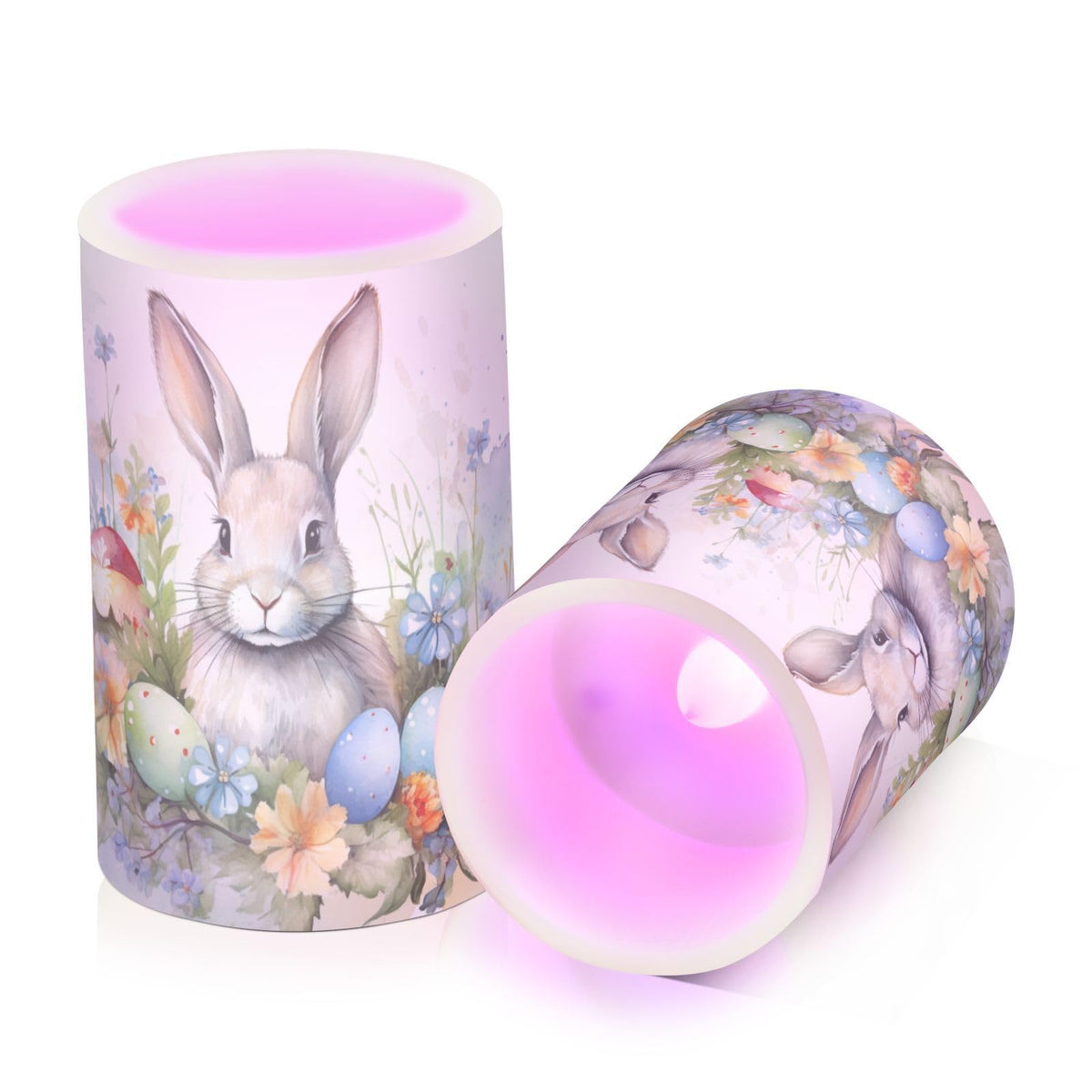 zyrtty 2 Pack Plastic Flameless Candles Easter Rabbit Colorful Eggs Watercolor Flower Bunny Battery Operated with Remote and Timer Real Wax LED Flickering Pillar Candles Set Window Christmas Holiday D