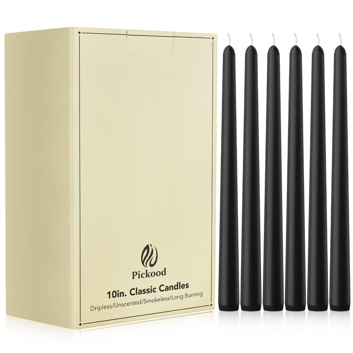 Pickood 10-Inch Tall Unscented Dripless Taper Candles Bulk 30 Pack - Black Taper Candles Bulk, Perfect for Wedding, Dinner - Smokeless, 6-8 Hour Long Burning - Colored Candlesticks Bulk - Black