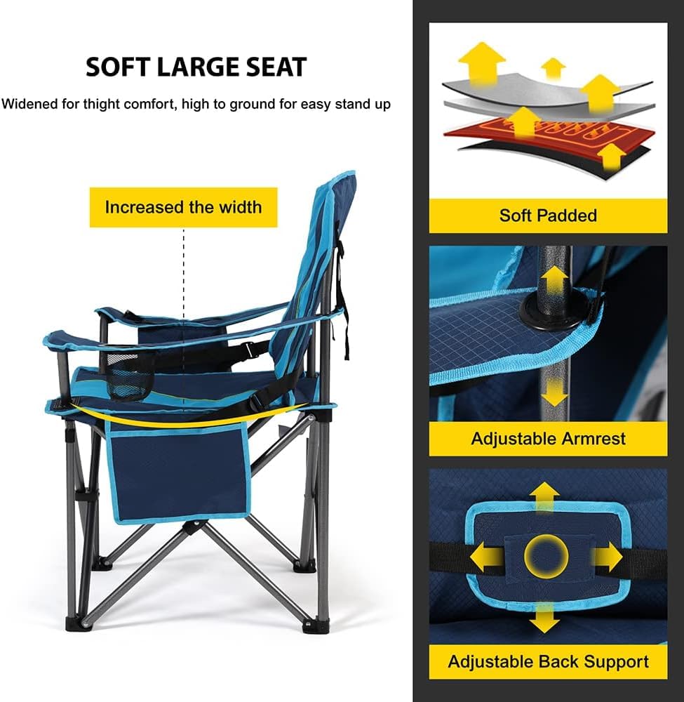 FAIR WIND 2 Pack Oversized Fully Padded Camping Chair with Lumbar Support, Heavy Duty Cooler Bag Fold Chair Support 450 LBS, Blue Green