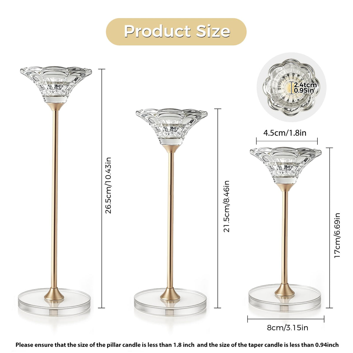 Maleoruigy Candlestick Holders, Crystal 2 in 1 Taper and Pillar Candle Holders, Set of 3 Clear Glass Candle Holder, Decorative Candle Holder Candelabra for Home Decor, Wedding, Party, Anniversary