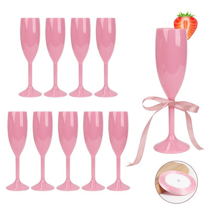 KUK 10 Pack Plastic Pink Champagne Flutes Acrylic Champagne Glasses Wedding Toasting Goblet with Satin Ribbon Nano Tape Reusable Unbreakable Champagne Cups for Bachelorette Bridal Shower Party