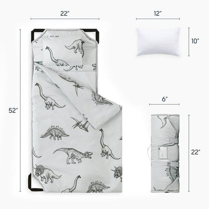 Wake In Cloud - Cot Nap Mat with Pillow and Blanket, for Toddler Kids Boys Girls in Daycare Kindergarten Preschool Pre K with Elastic Corner Straps, Dinosaur Dinos, Grey