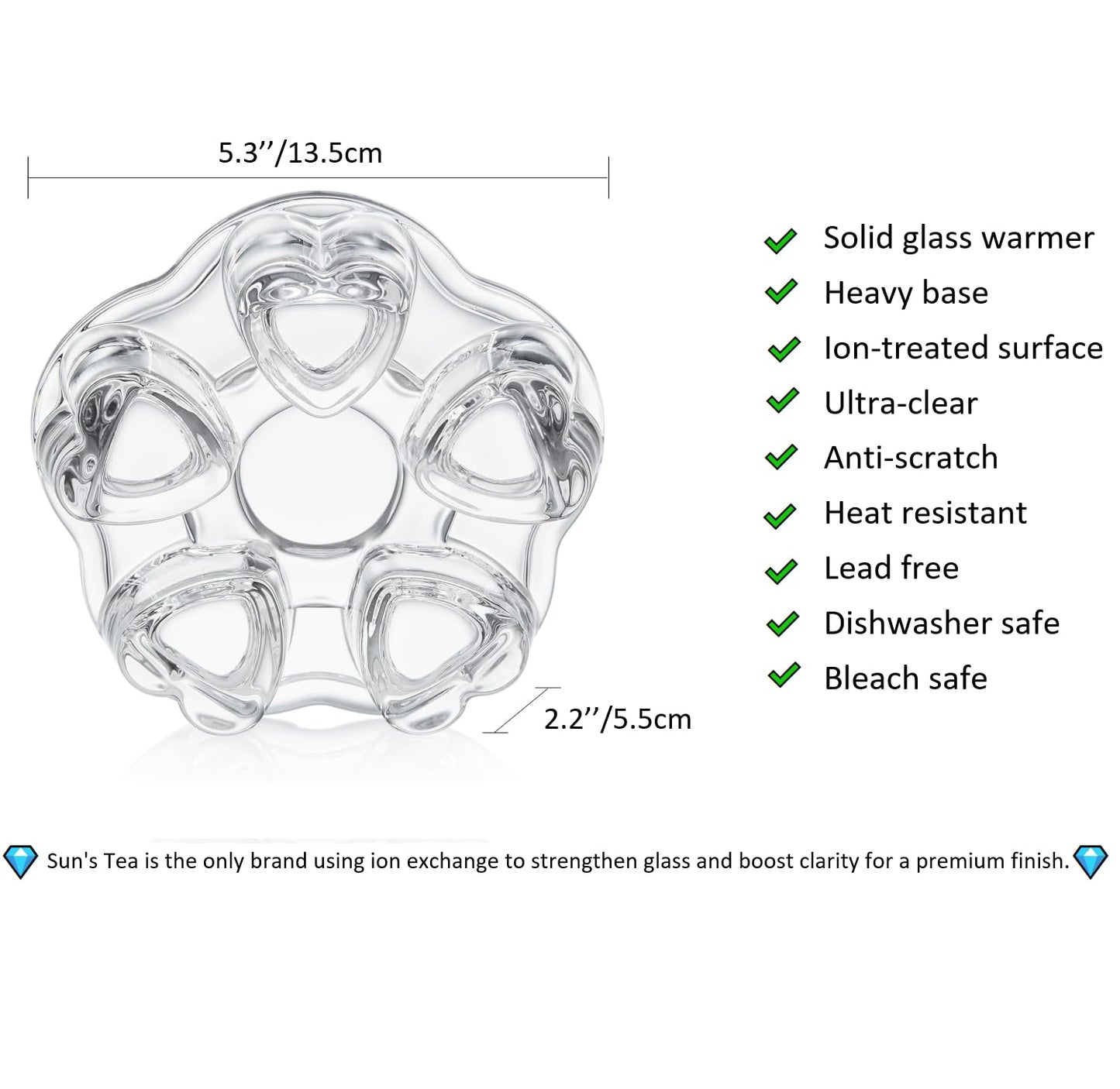 Sun's Tea Universal Solid Crystal Glass Ultra Clear Teapot Warmer | Tea Warmer | Teapot Heating Base | Tealight Warmer- Candle Never Flames Out