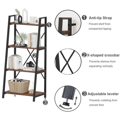 BON AUGURE Hall Tree with Shoe Storage, 5-in-1 Reversible Entryway Bench with 4 Tier Rustic Ladder Bookshelf, Standing Leaning Book Shelves for Living Room (Rustic Oak)